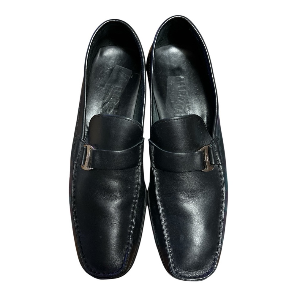 Salvatore Ferragamo Black Leather Loafers with Metal Buckle - size 10, GUC